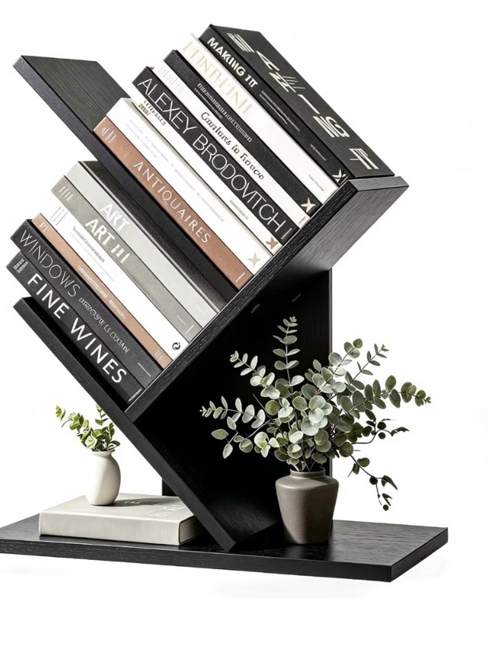 Small Tree Bookshelf, 3 Tier Wood Mini BookShelf for CDs/Books, Dark Black
